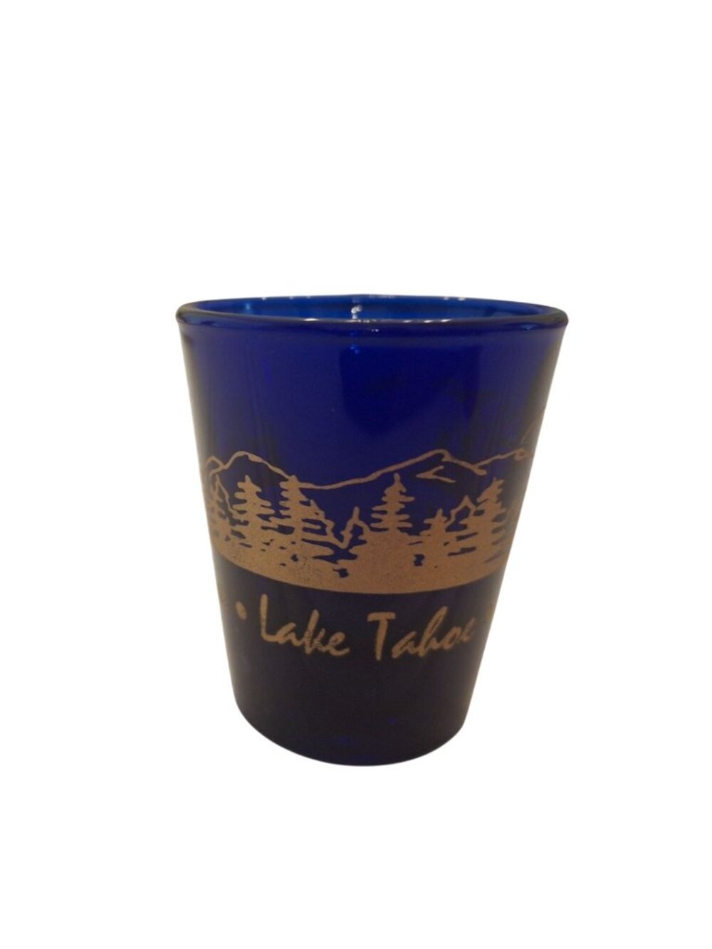 Lake Tahoe Cobalt Blue Shot Glass Gold Mountain Pines Souvenir Barware Vintage